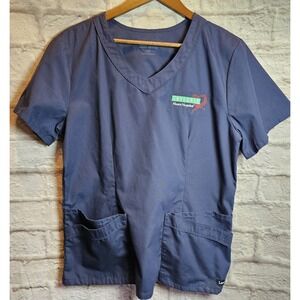 NWOT Landau Women's Scrub Top  Large V-Neck Navy 4 Pockets Classic Integris Logo